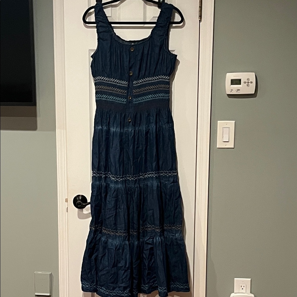 Boho Vintage Dark Blue Denim Wash Sleeveless Maxi Dress